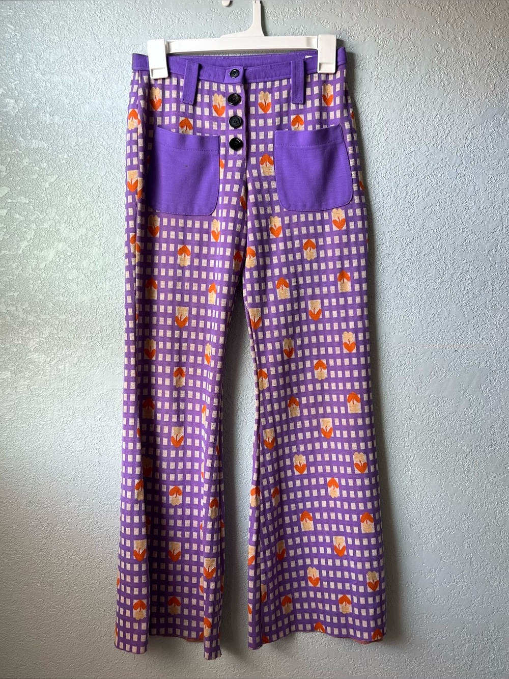 Vintage 70s Aileen Purple Floral Geometric Wide Leg Bell Bottom Pants Size 26